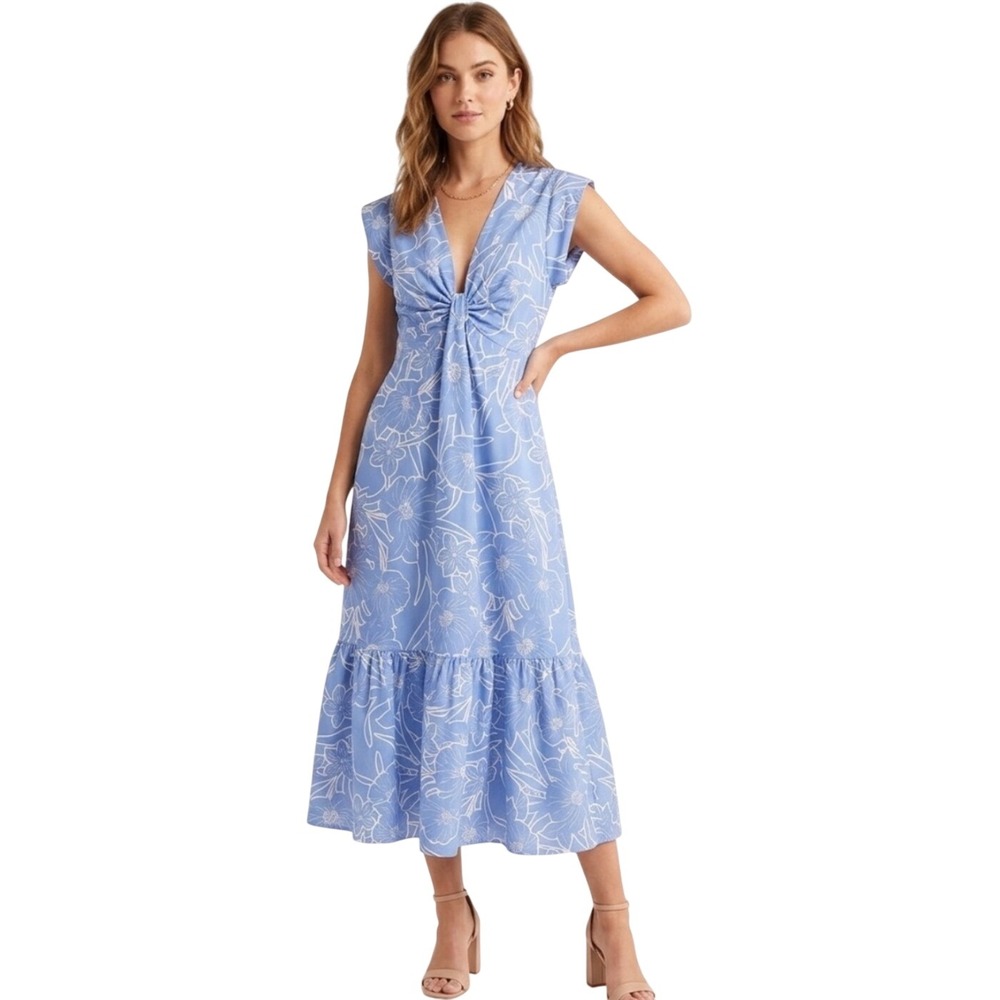Steve Madden Floral Midi Dress Womens Small Blue White Twist Front Tiered Cotton